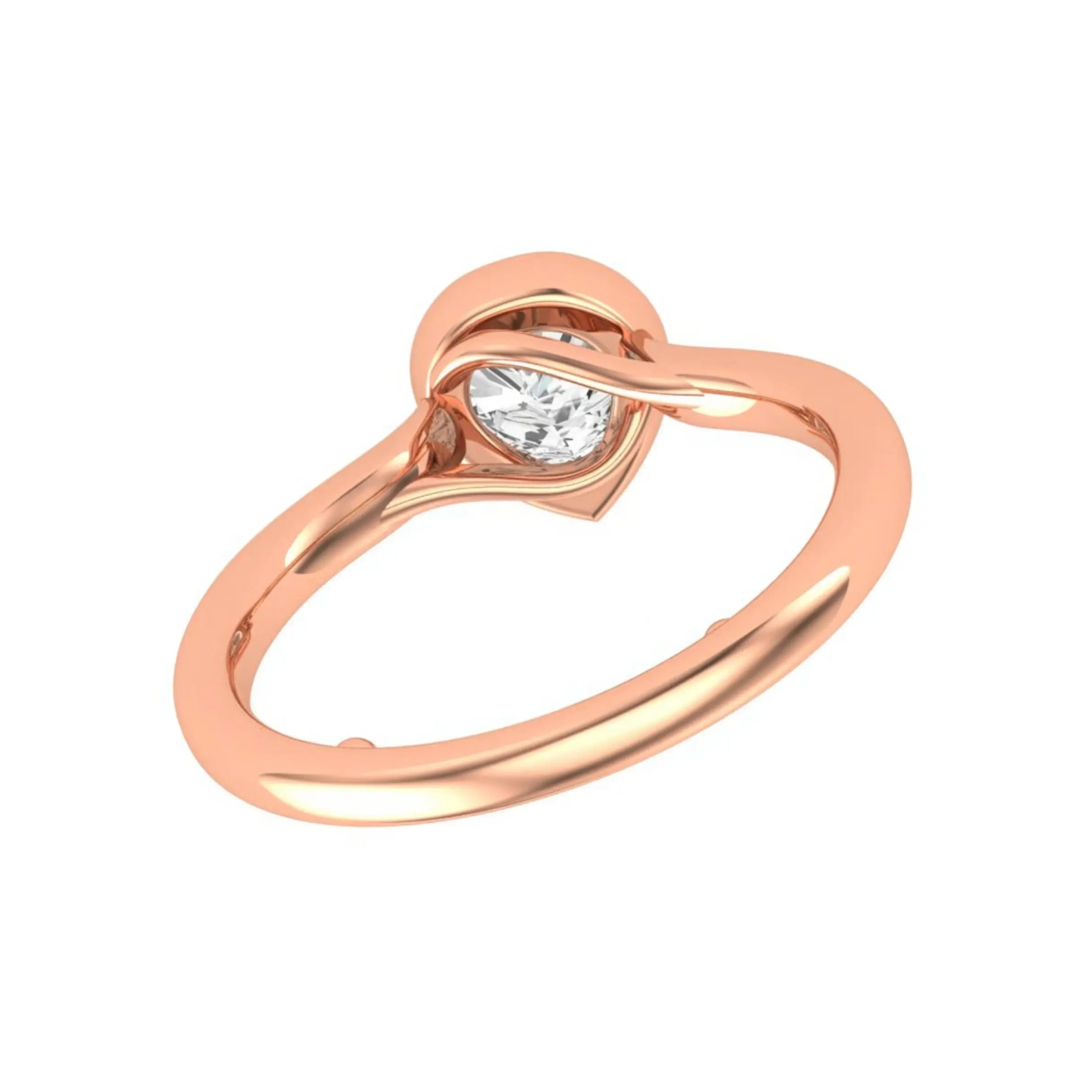 Top angled view of pear bezel solitaire ring in rose gold.