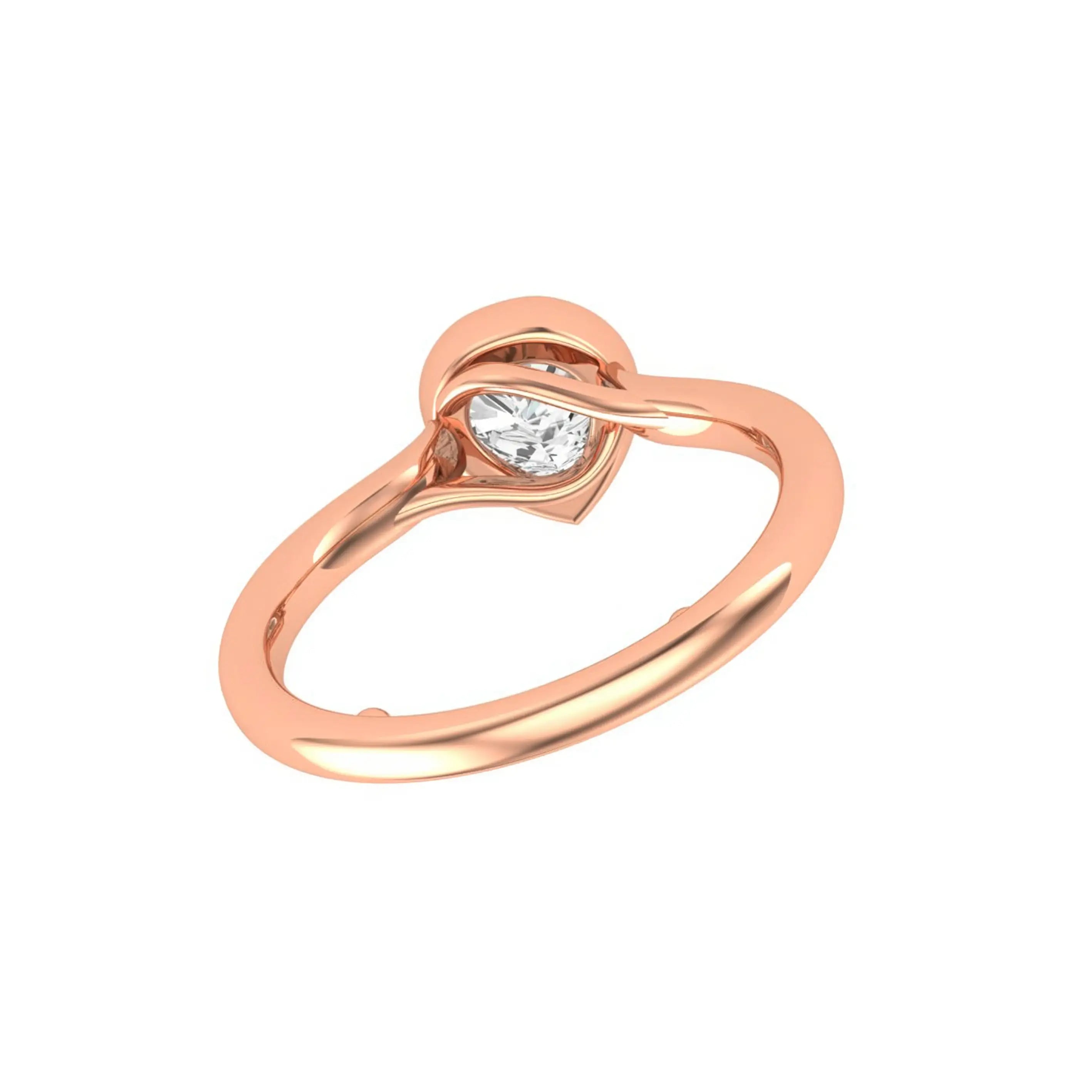 Top angled view of pear bezel solitaire ring in rose gold.