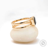 Side view of Moissanite Solitaire Elongated Asscher ring in 14K yellow gold