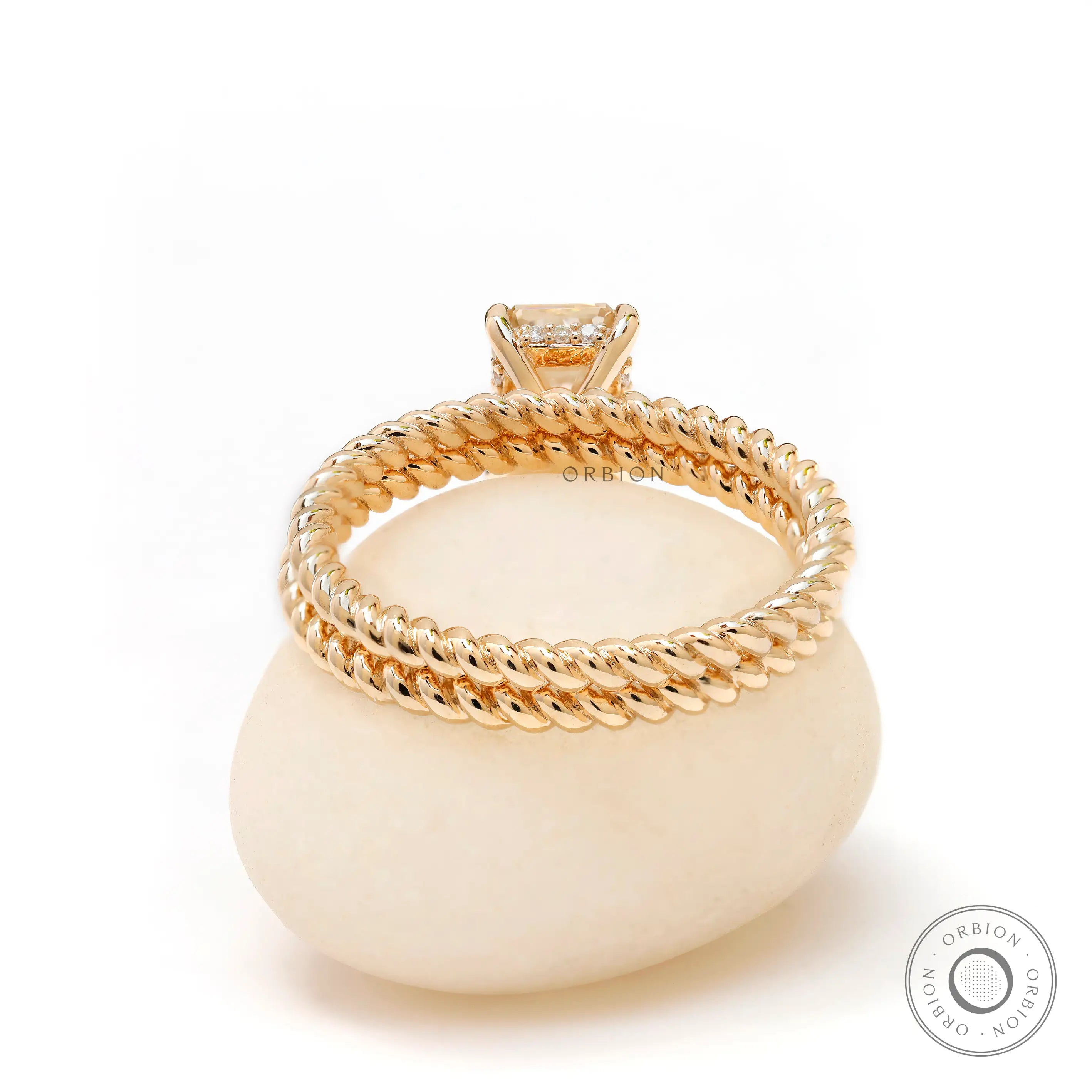 Back view of the radiant champagne moissanite ring with twisted band