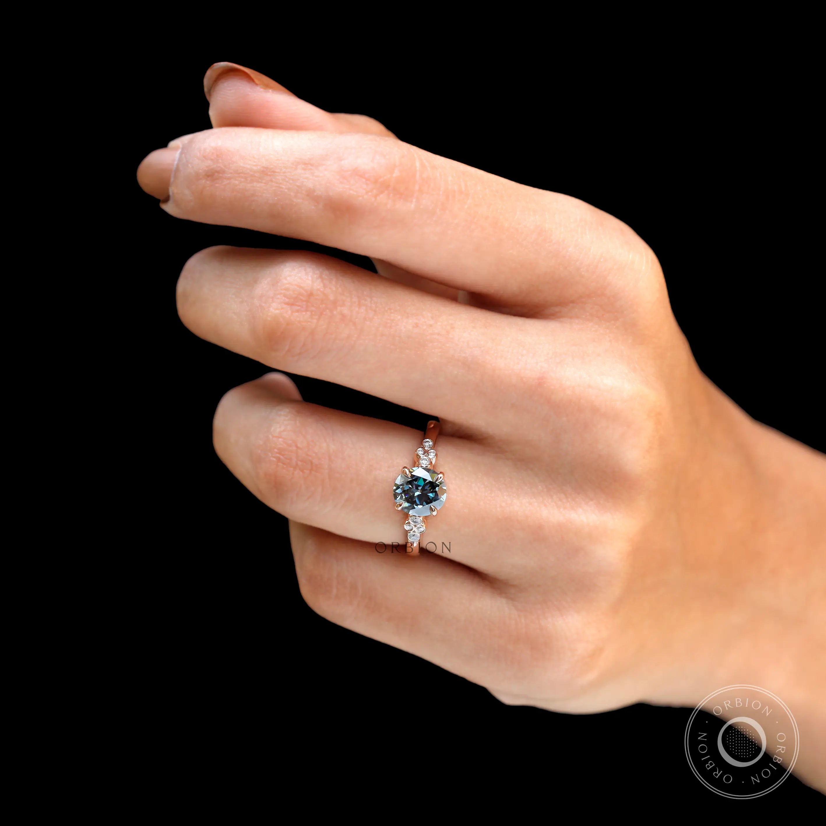 Round Old European cut moissanite ring close up detail