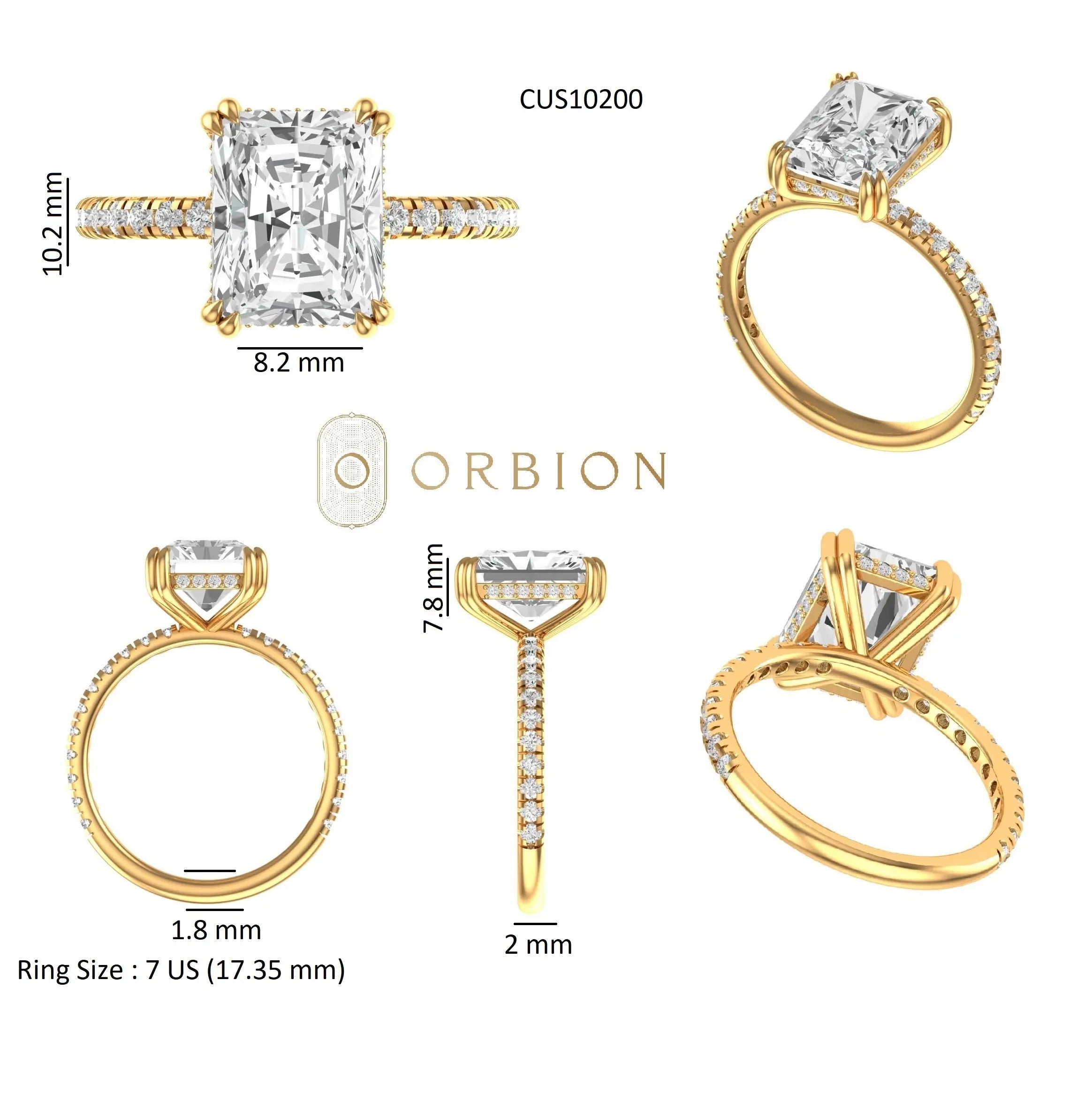 Differnet views and dimensions of radiant cut lab diamond hidden halo promise ring