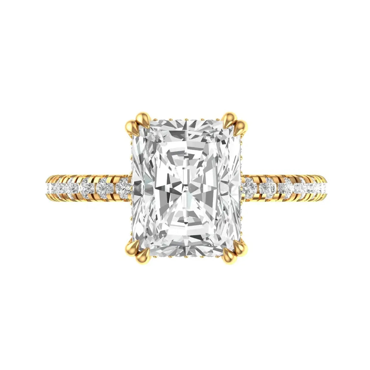 Solitaire radiant cut hidden halo moissanite engagement ring yellow gold front view 