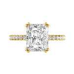 Solitaire radiant cut hidden halo moissanite engagement ring yellow gold front view 