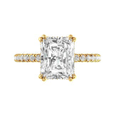 Solitaire radiant cut hidden halo moissanite engagement ring yellow gold front view 