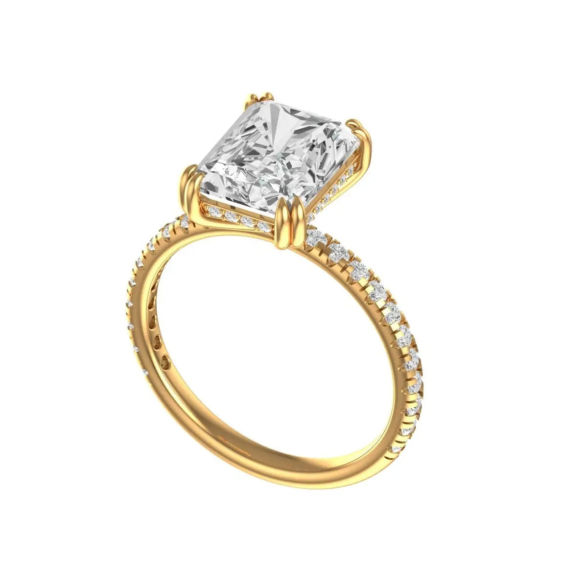 Yellow gold radiant engagement ring with double prong setting side profile