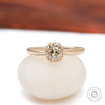 Elongated cushion Old Mine Cut light champagne moissanite solitaire ring in 10K yellow gold front view