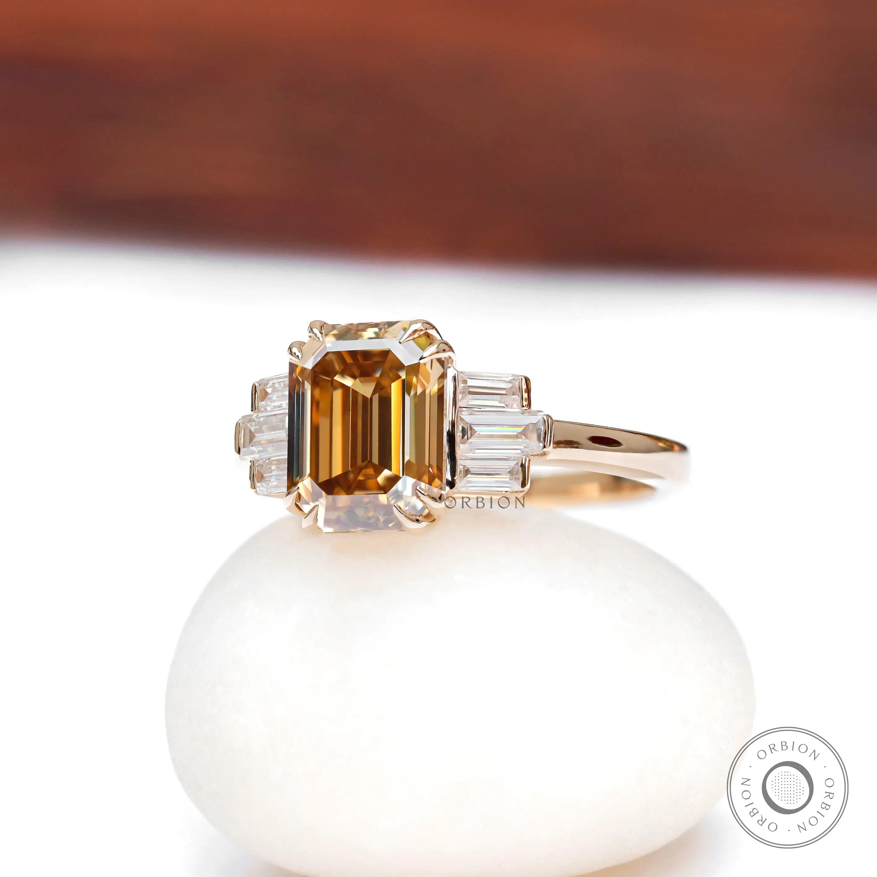 Champagne moissanite emerald cut cluster engagement ring in yellow gold