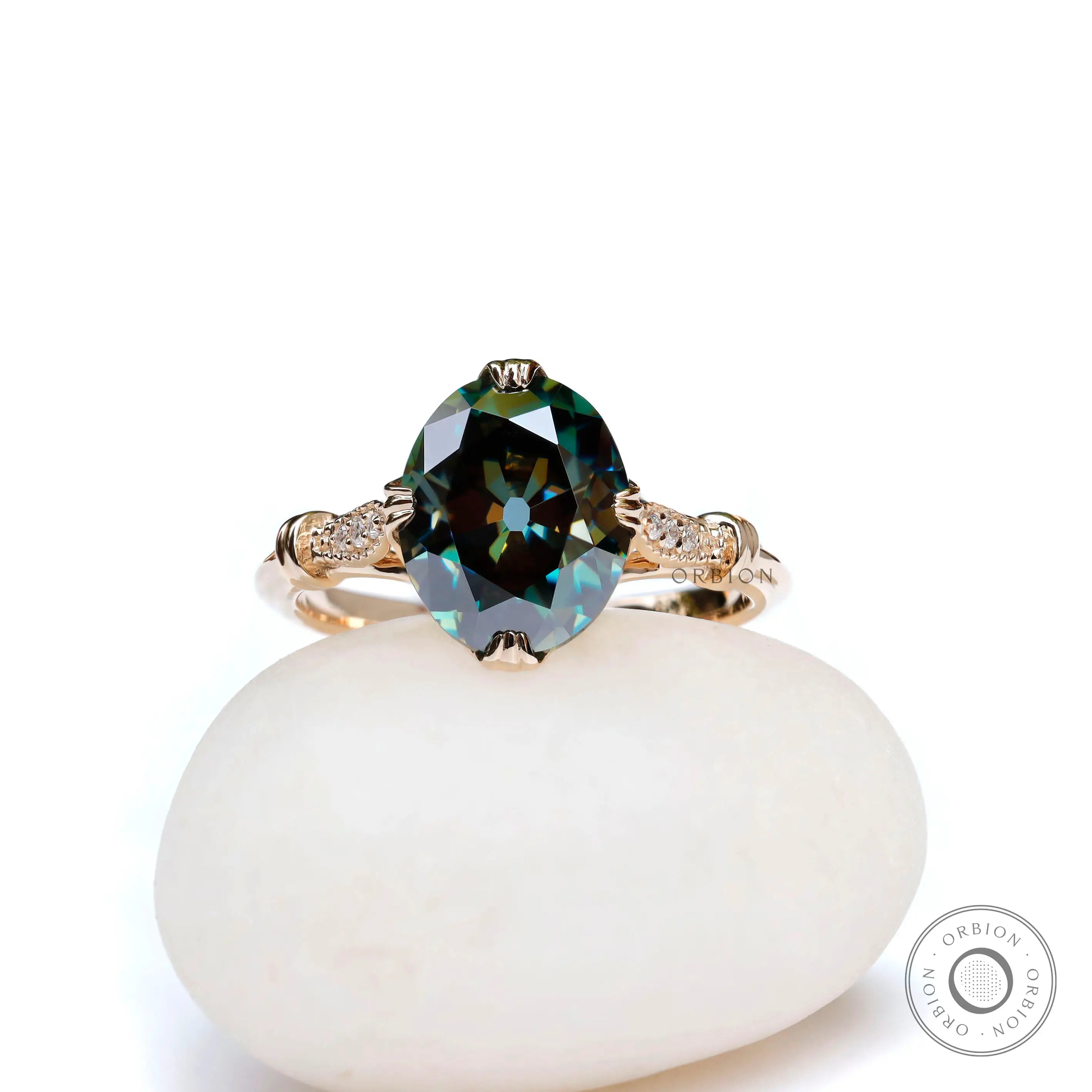 Art Deco cathedral ring front view blue green oval