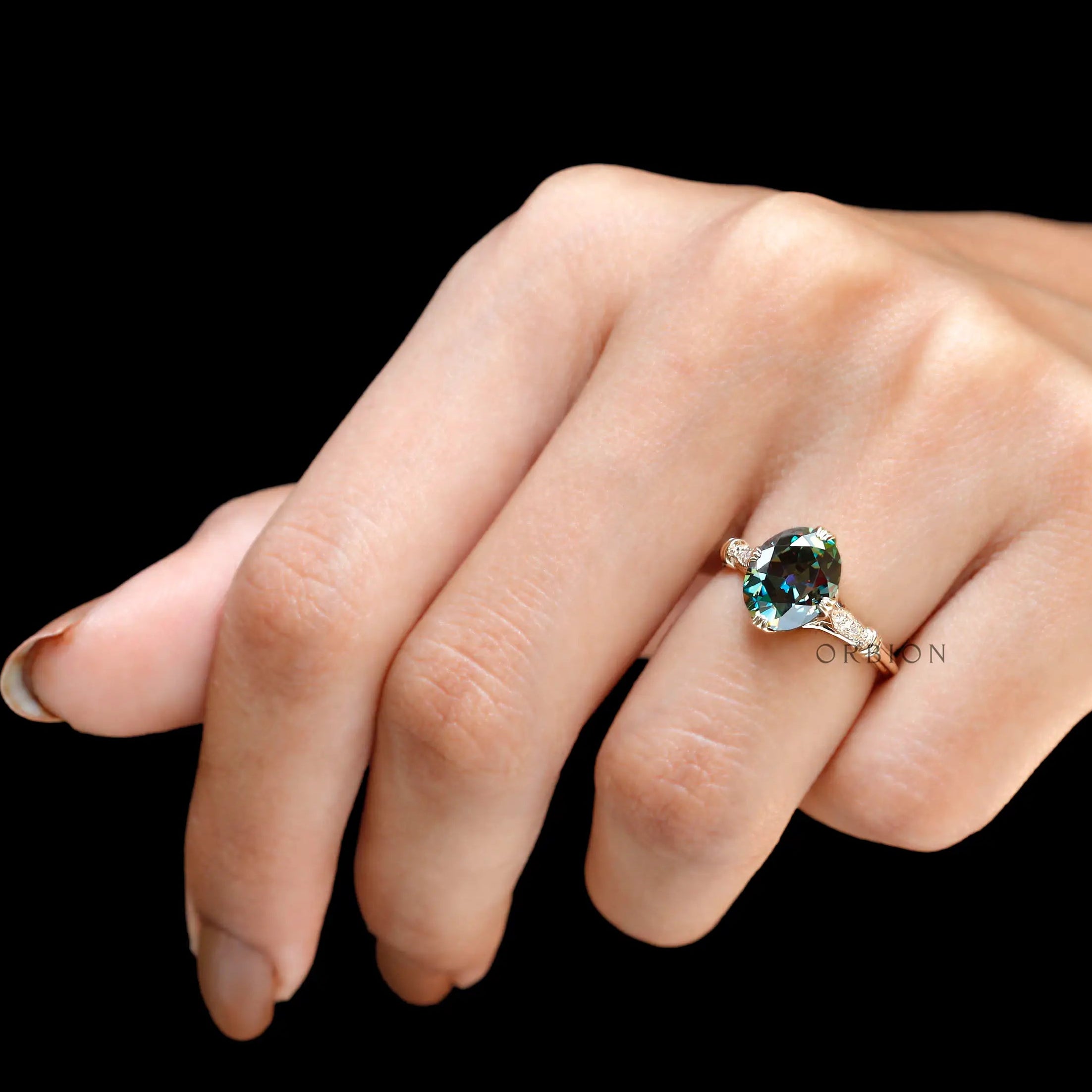 On hand view Art Deco cathedral engagement ring