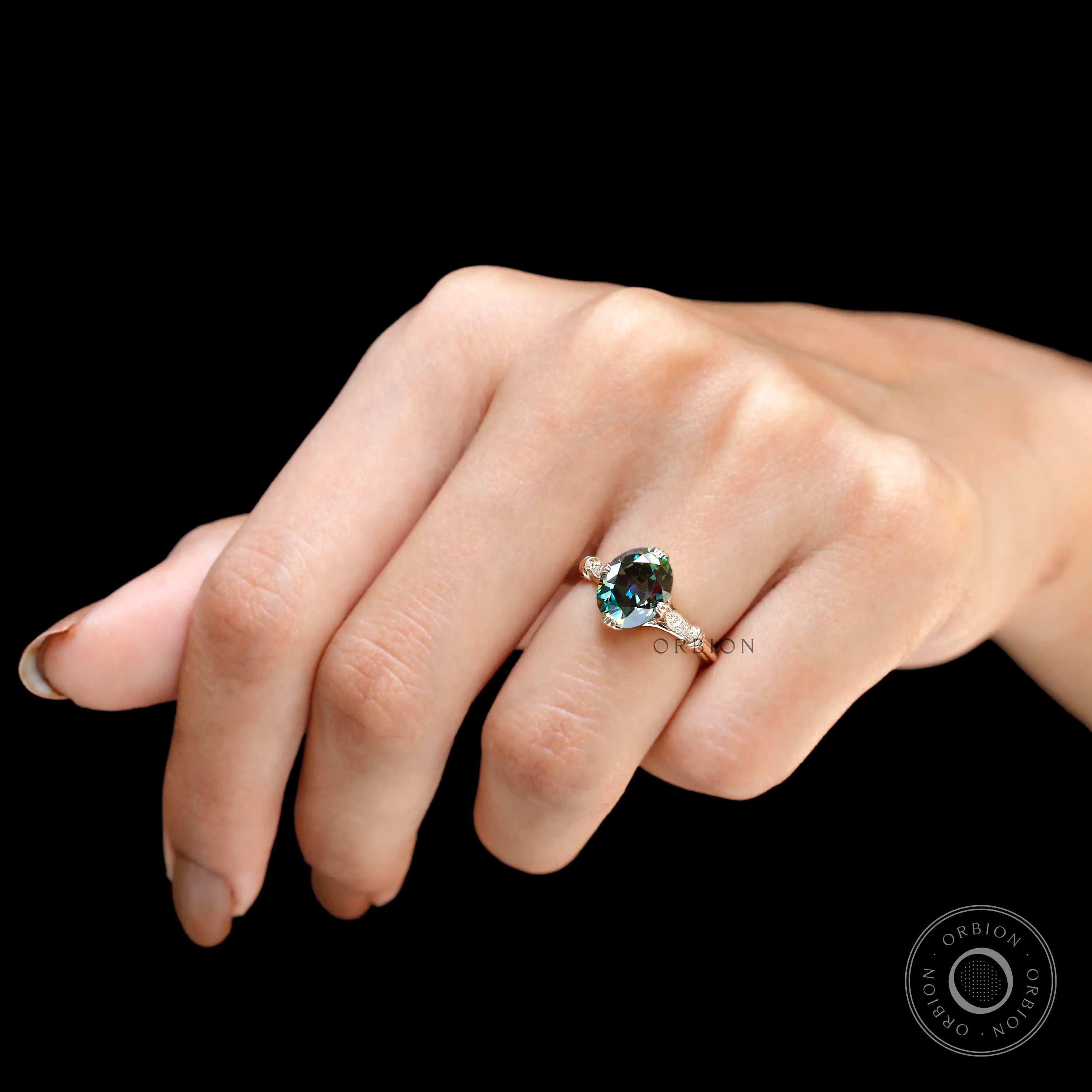 On hand view Art Deco cathedral engagement ring