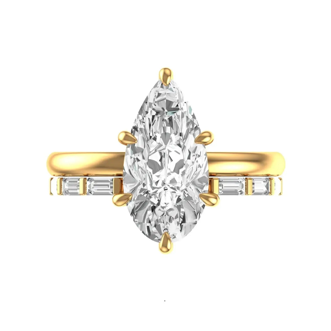 Pear old mine cut moissanite ring set with baguette open cuff band in yellow gold