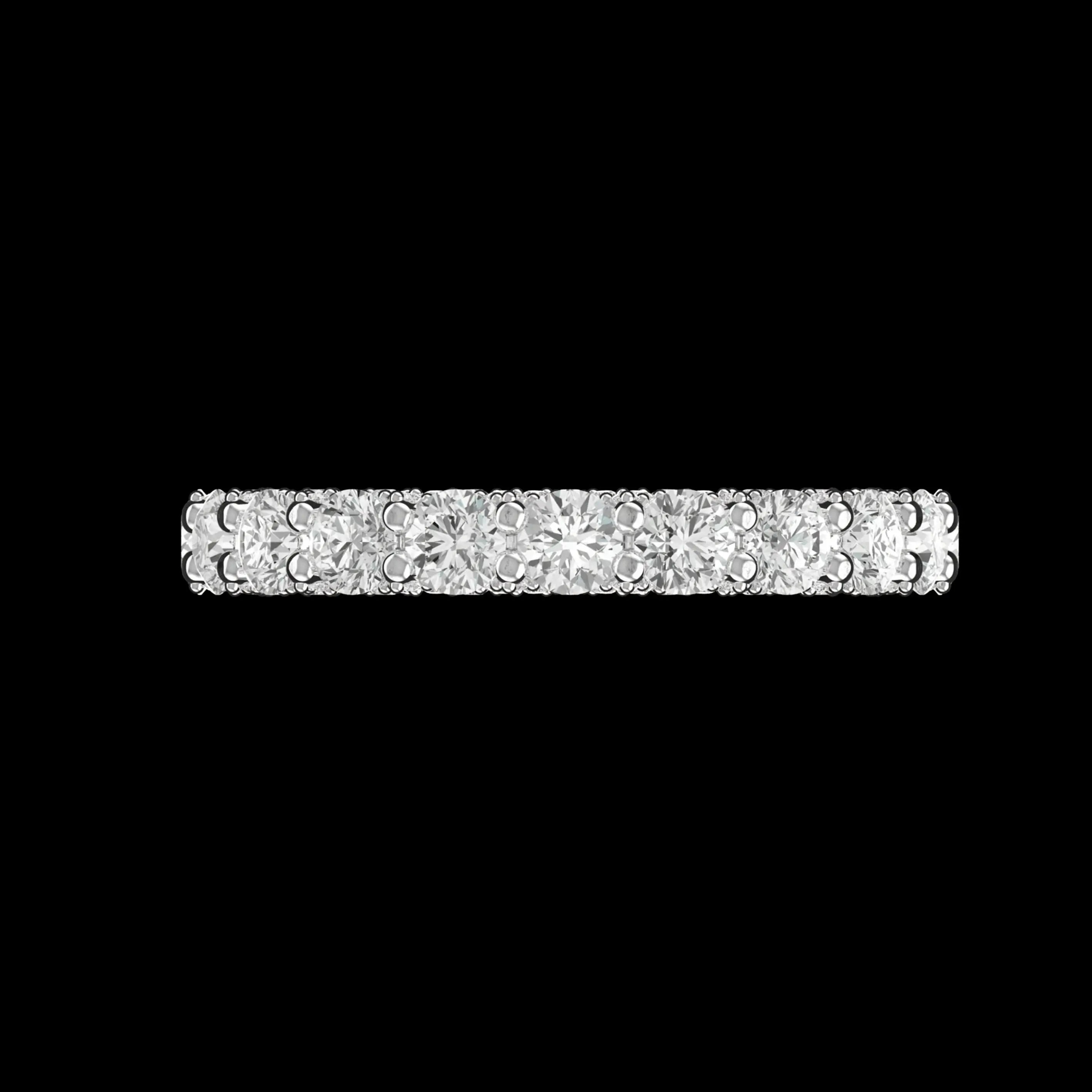 Top view of 3/4 eternity round moissanite band on black background.