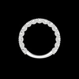 Overhead circle view pave round moissanite stacking band on black background.