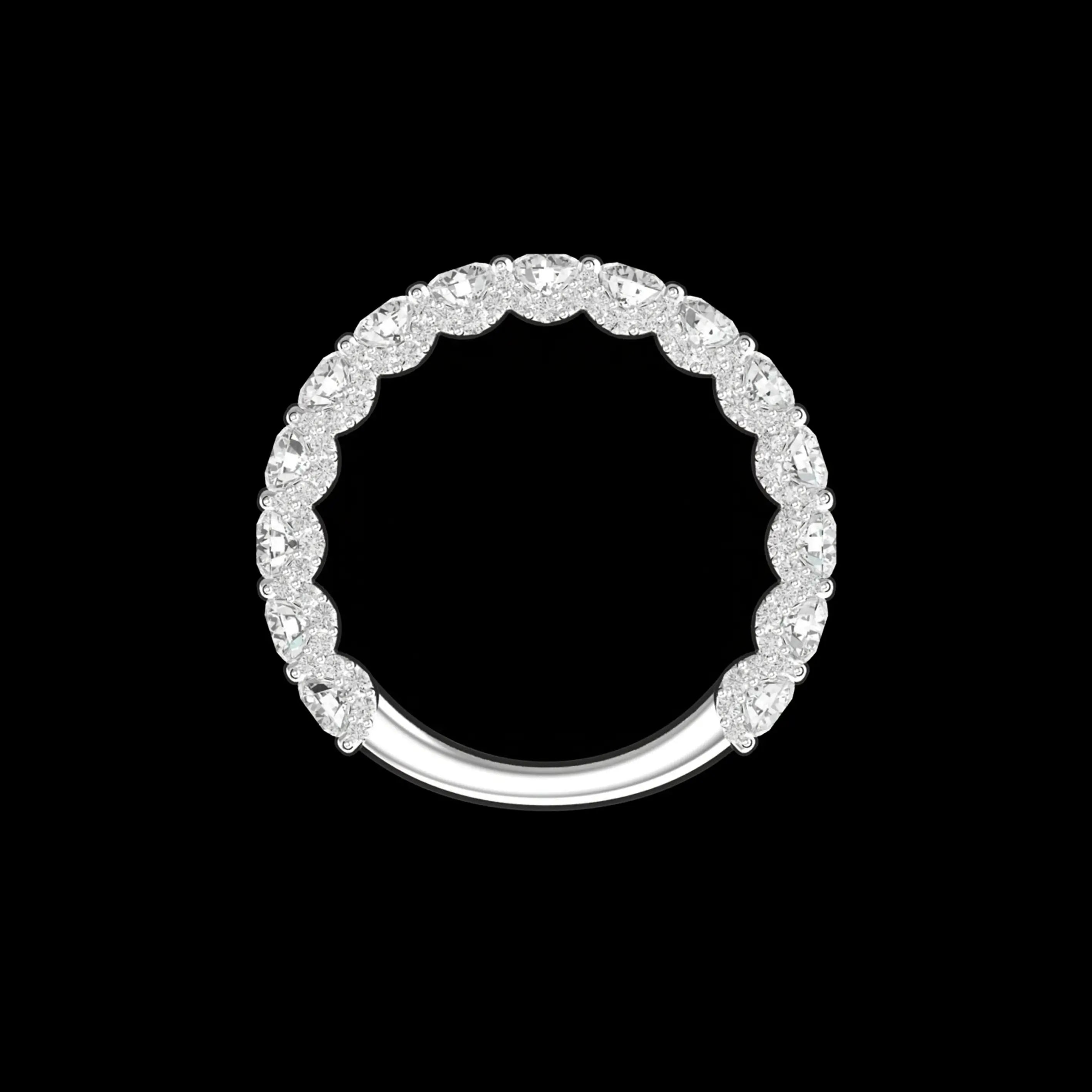 Overhead circle view pave round moissanite stacking band on black background.