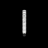 Side profile view round moissanite pave band in white gold on black background.