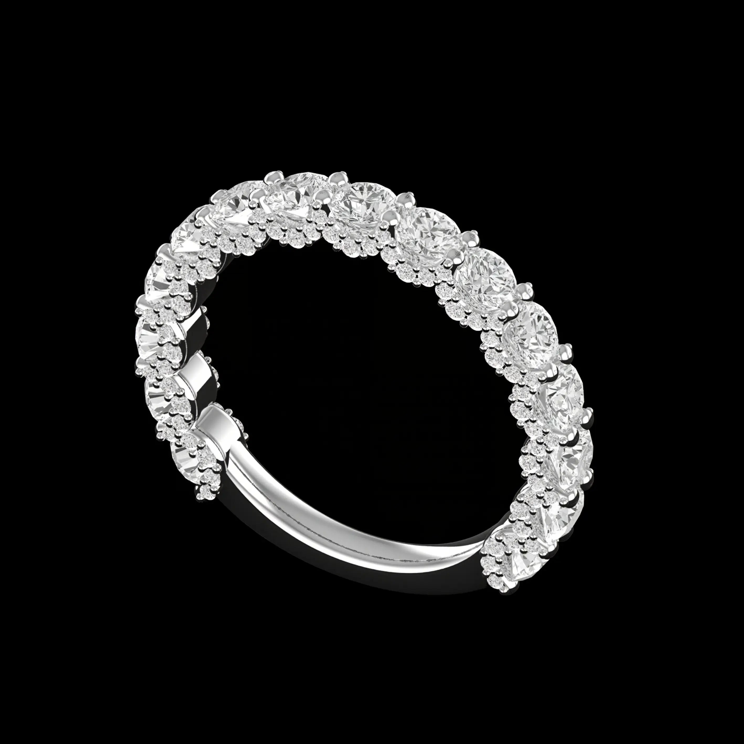 Close angled detail of shared-prong round moissanites on black background.