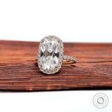 Close view of elongated cushion moissanite engagement ring with halo setting