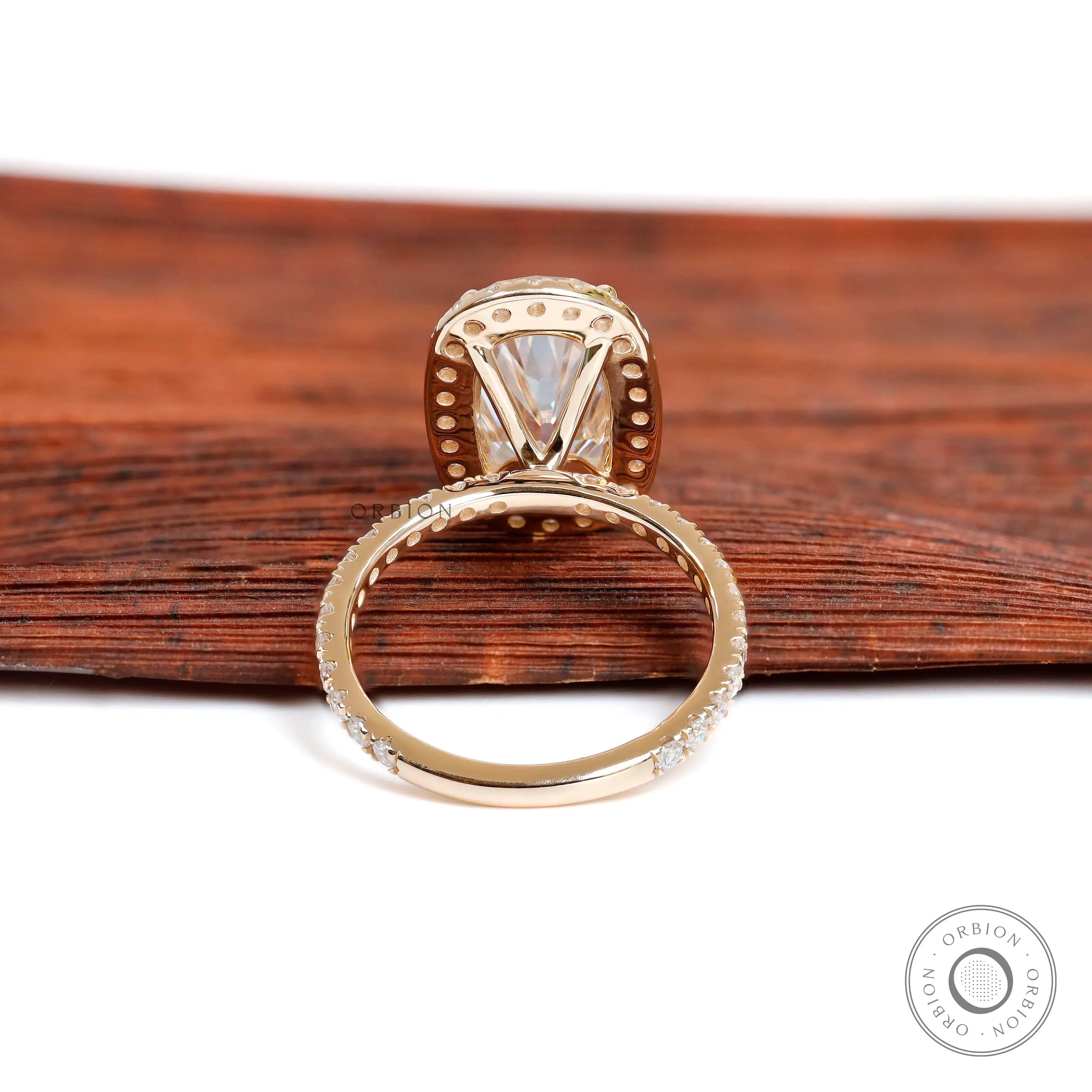 Back gallery view of elongated cushion halo moissanite engagement ring