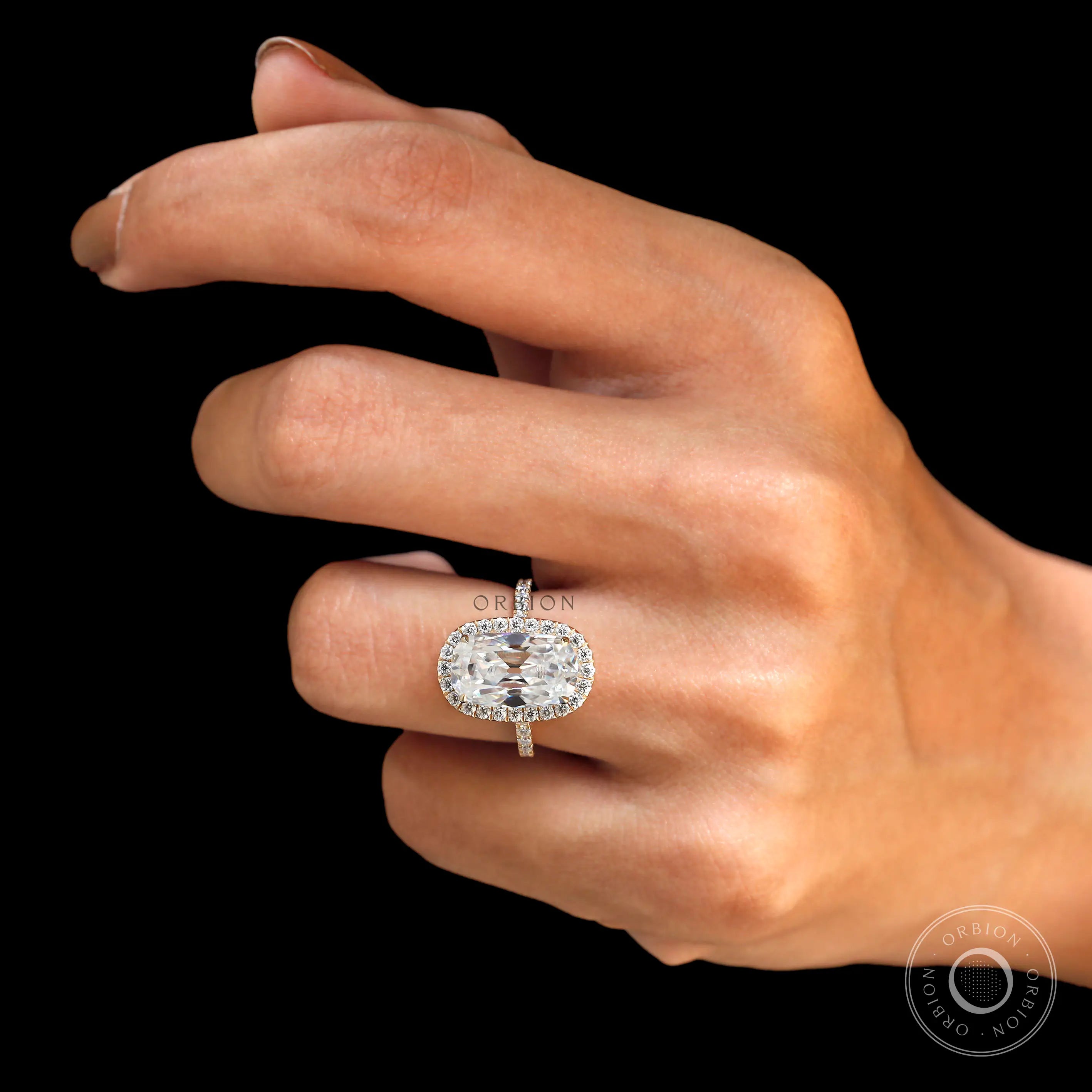 Minimalist elongated cushion halo moissanite engagement ring design