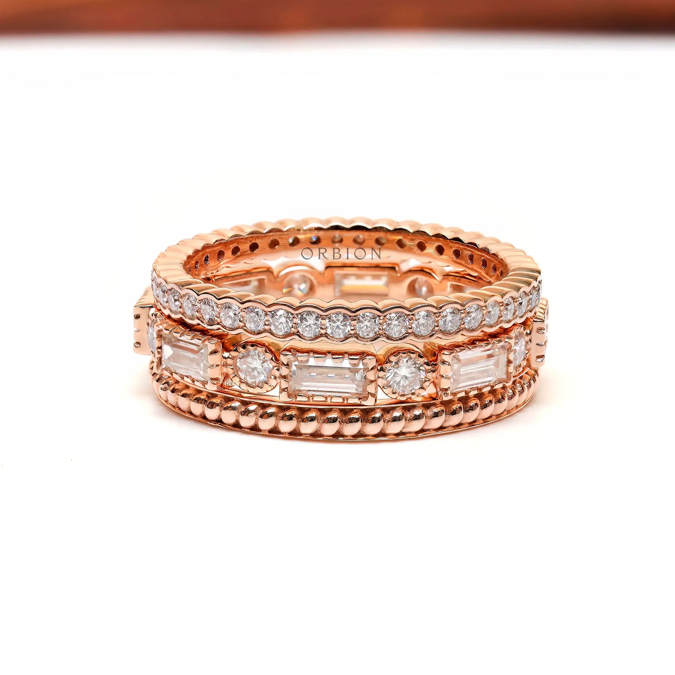 Trio wedding stack with pave, baguette, and twisted band