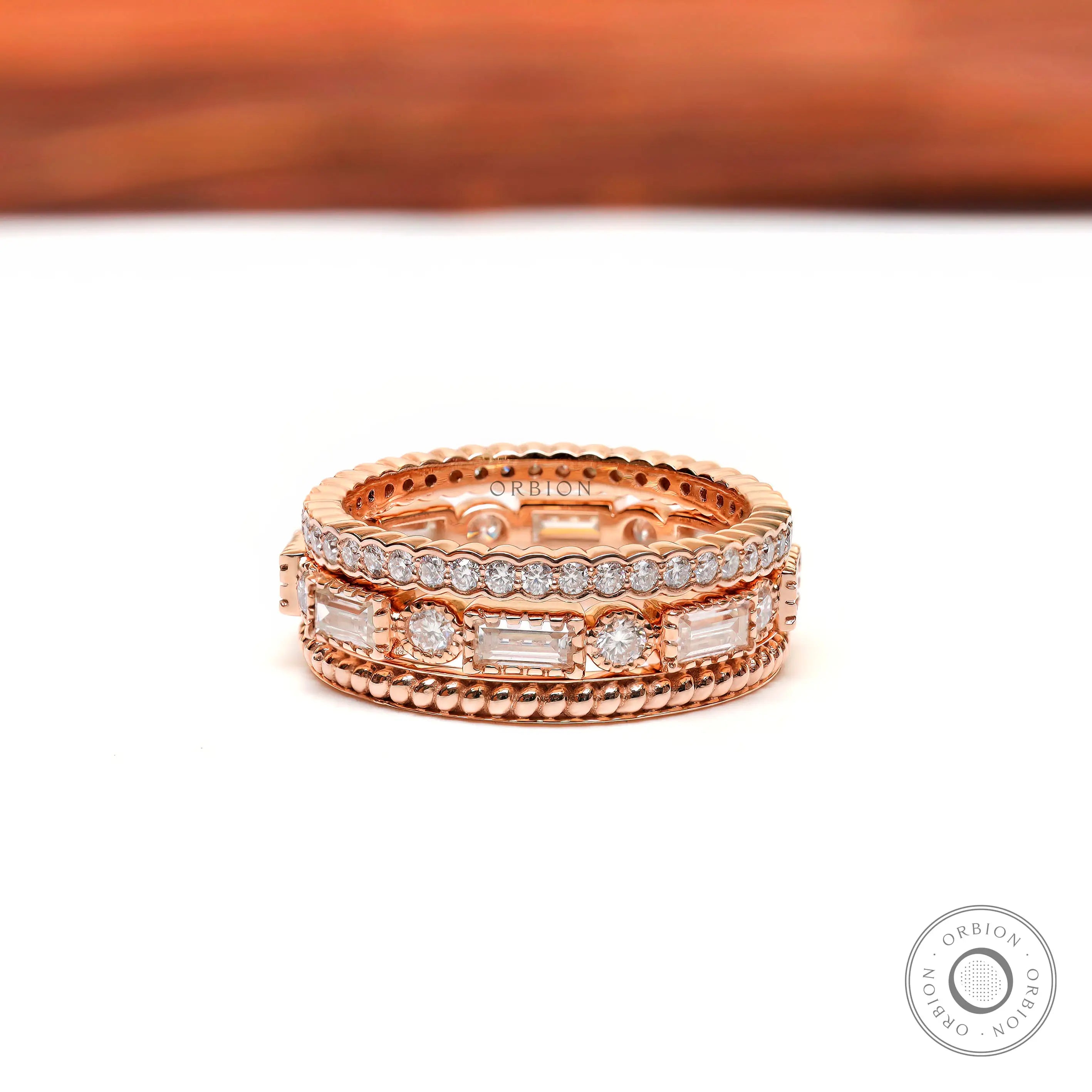 Trio wedding stack with pave, baguette, and twisted band