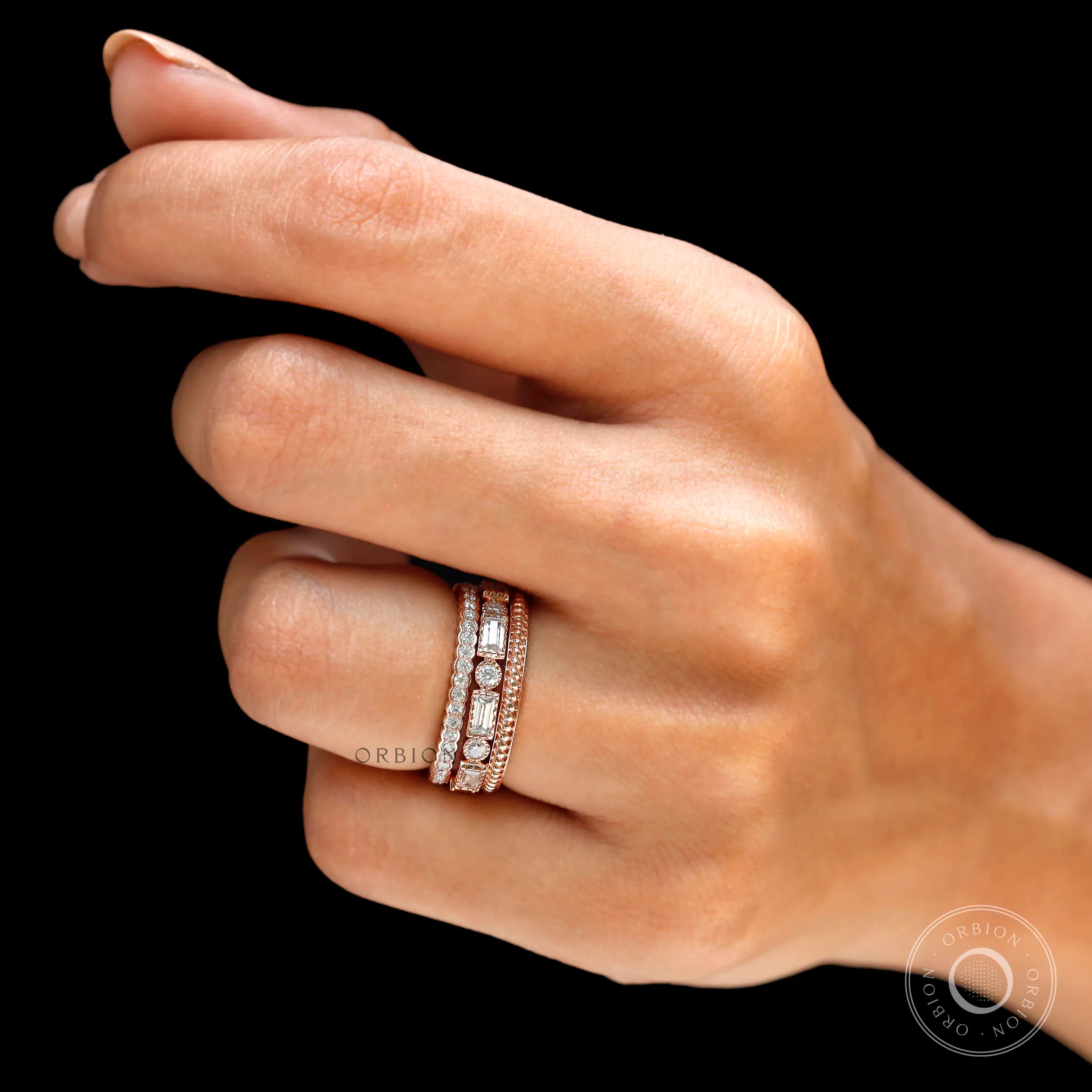Side profile on-hand showing raised stone band stack