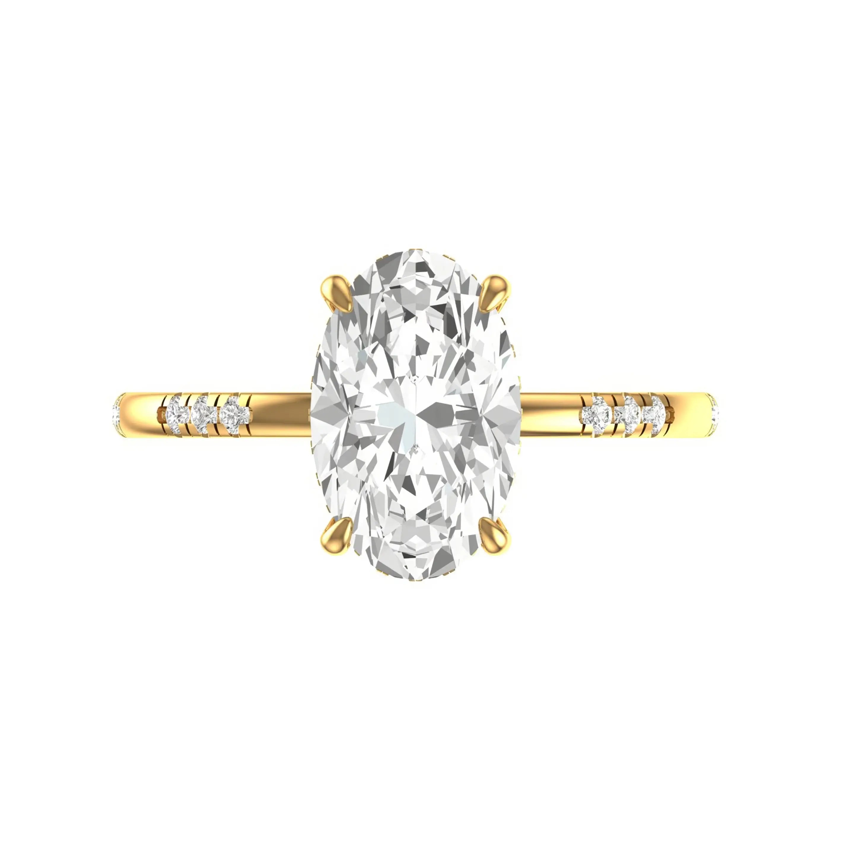 Top view oval moissanite engagement ring in yellow gold on white background