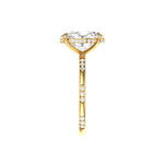 Straight side elevation oval ring showing hidden halo detail in yellow gold
