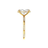 Straight side elevation oval ring showing hidden halo detail in yellow gold