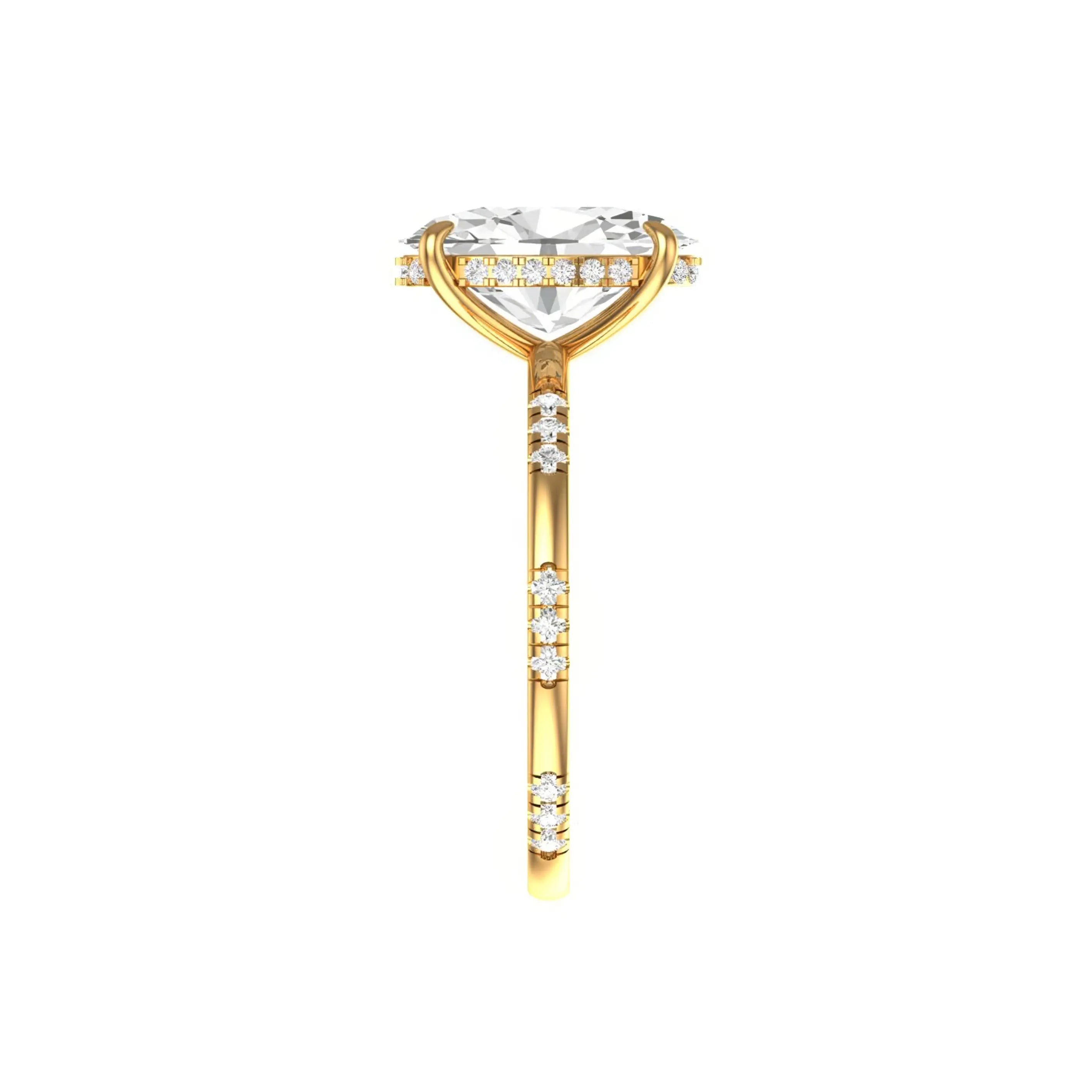 Straight side elevation oval ring showing hidden halo detail in yellow gold