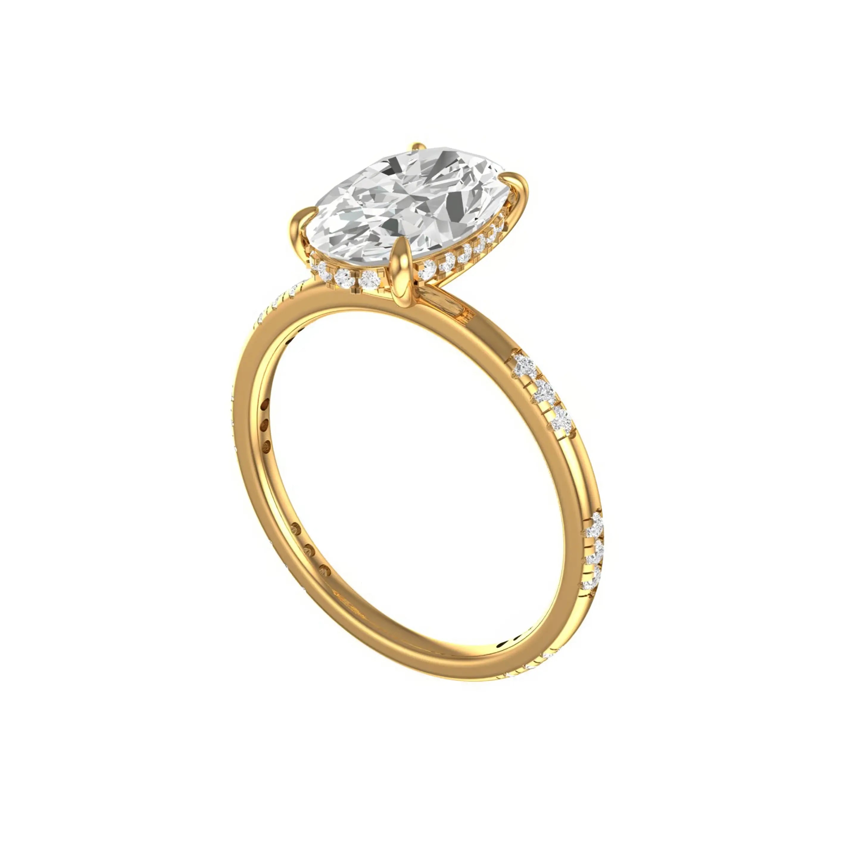 Three quarter angled view oval moissanite hidden halo engagement ring in yellow gold