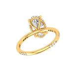 Underside gallery view oval ring with hidden halo and diamond accents