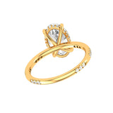 Underside gallery view oval ring with hidden halo and diamond accents