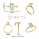 Measurement layout oval hidden halo ring with dimension details on white background
