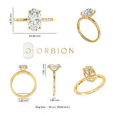 Measurement layout oval hidden halo ring with dimension details on white background