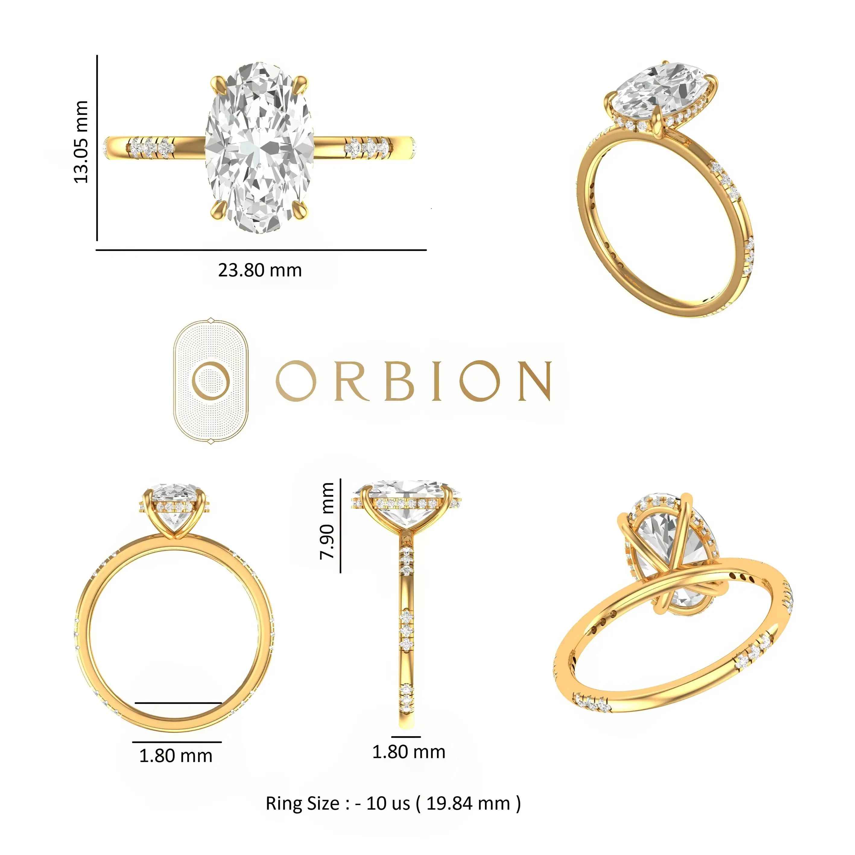 Measurement layout oval hidden halo ring with dimension details on white background