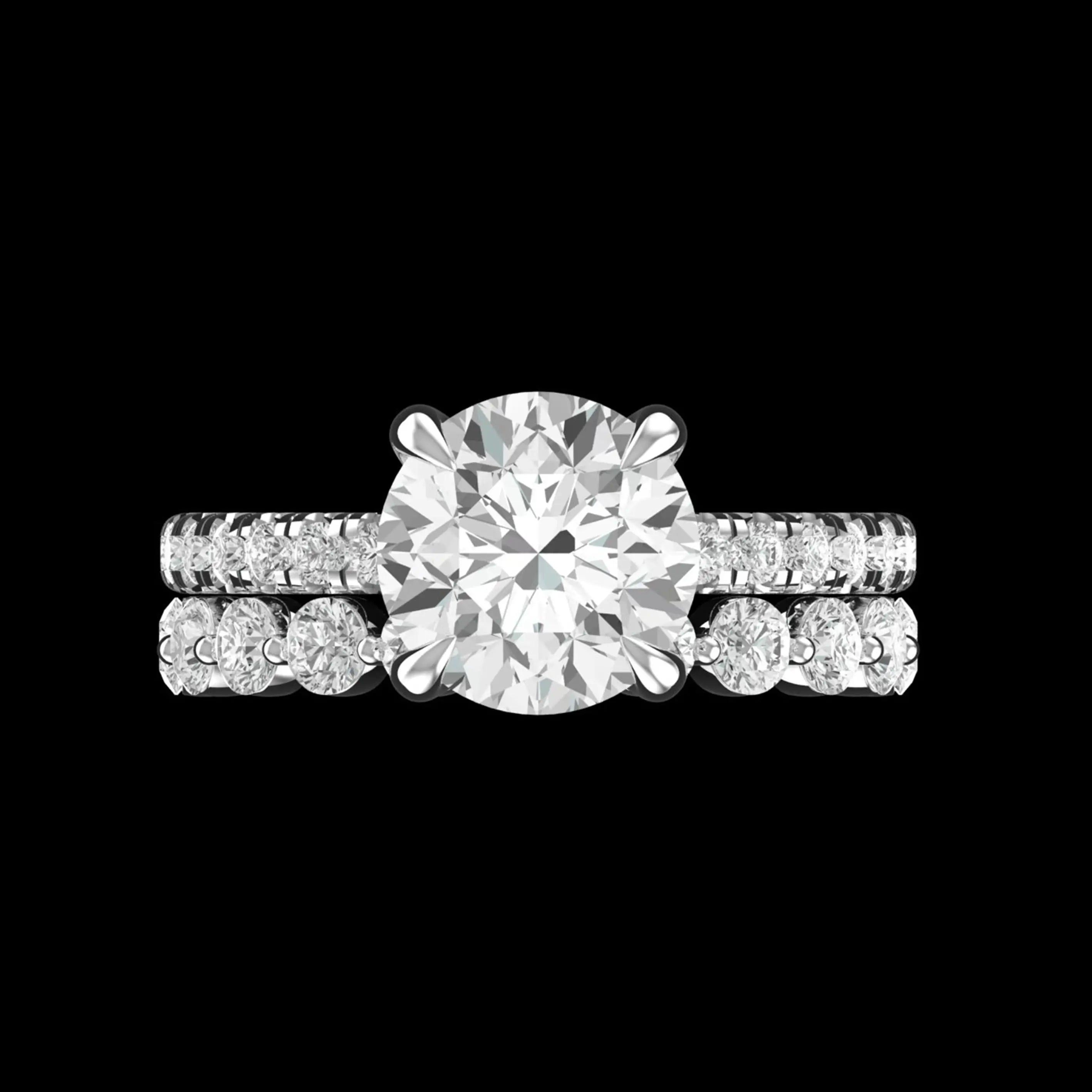 Front view round moissanite solitaire with matching diamond bands