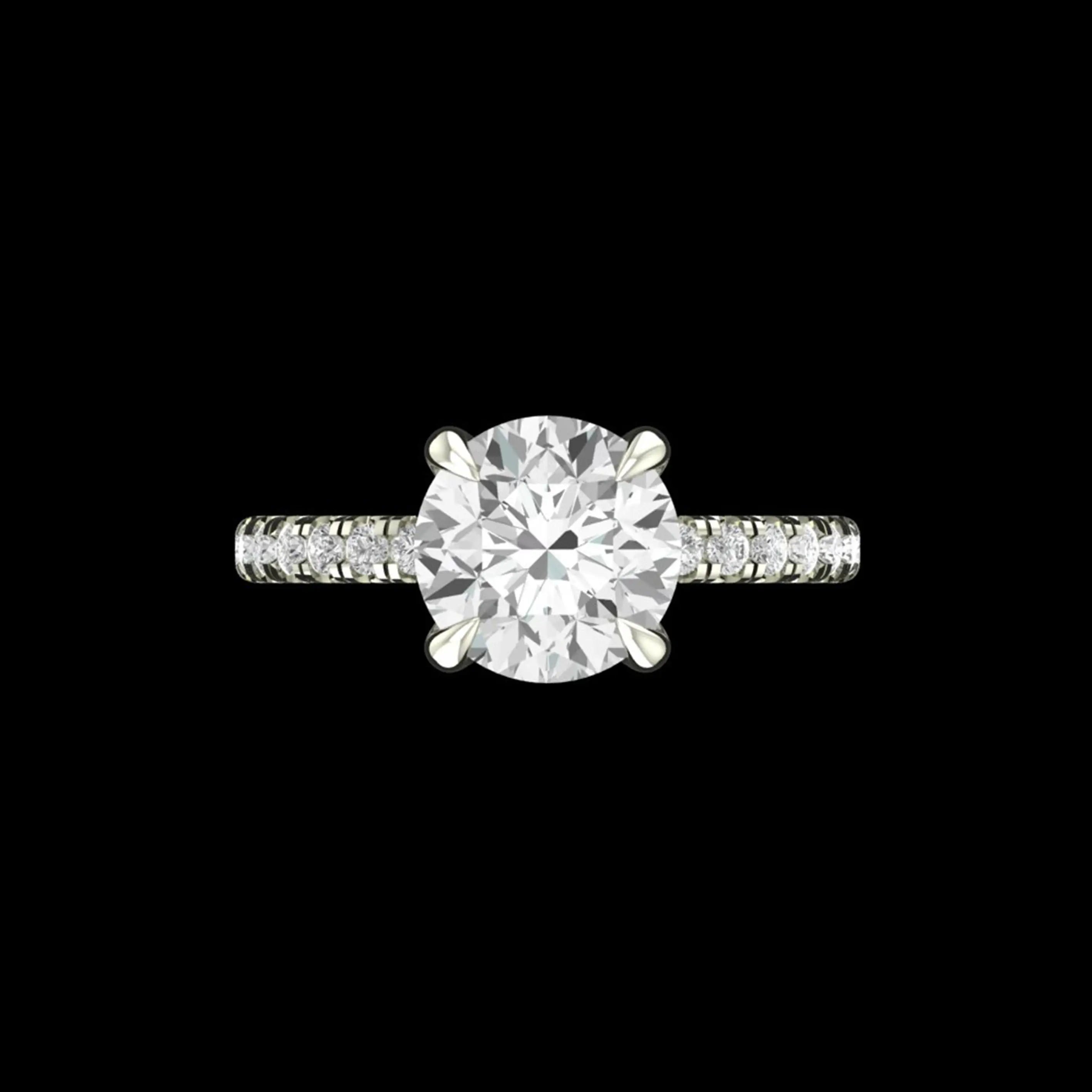 Front view of round solitaire ring with side stones