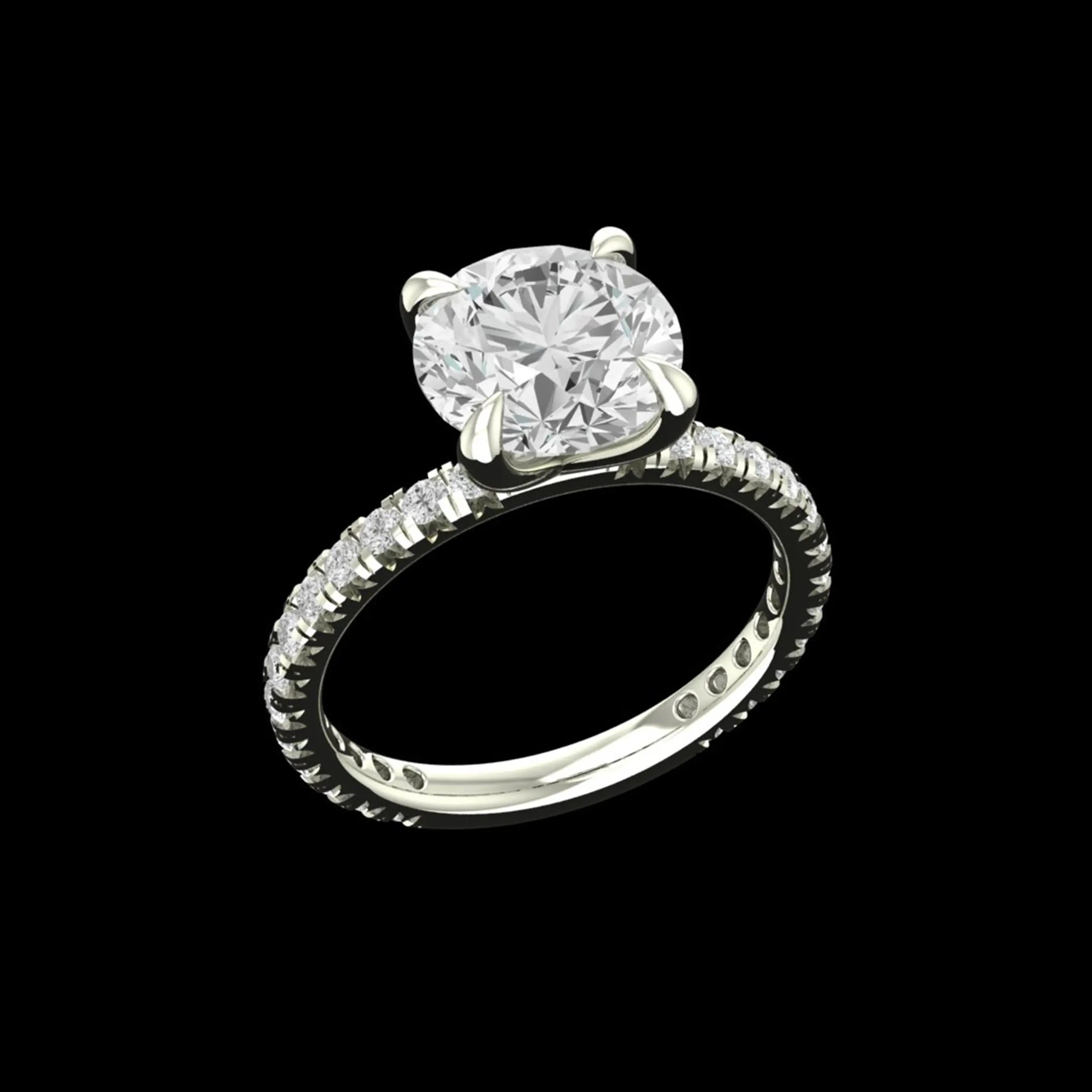 Angled view of round solitaire engagement ring in white gold