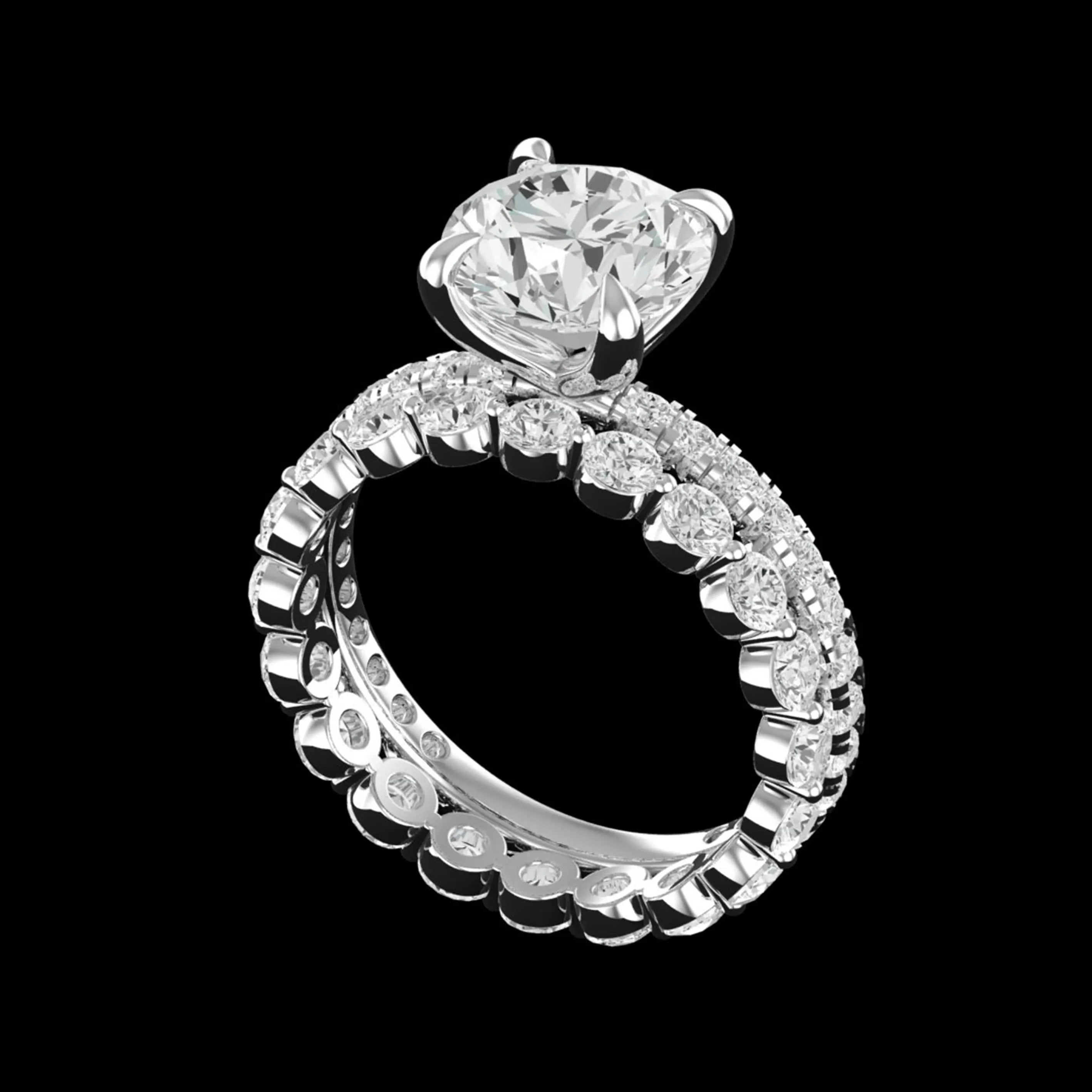 Angled view showing prong set round moissanite bridal set