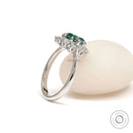 Old mine cut pear blue green moissanite ring in 14K white gold glossy finish
