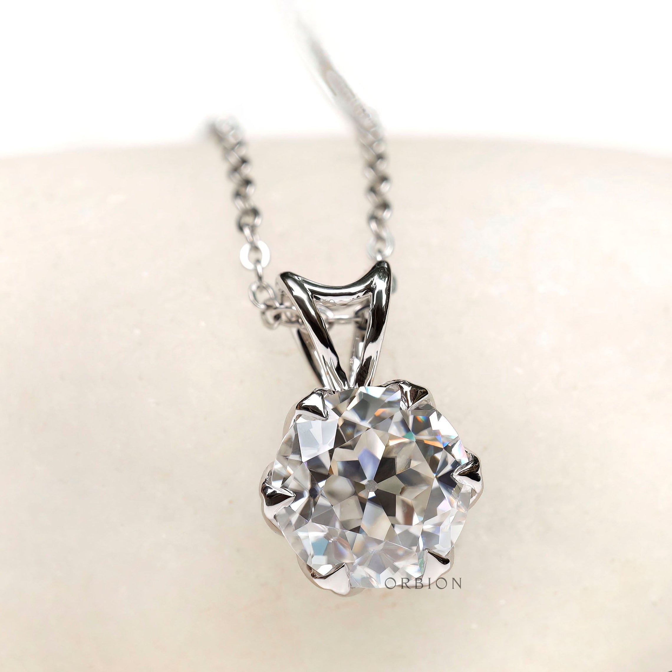 Round old European cut solitaire pendant in white gold