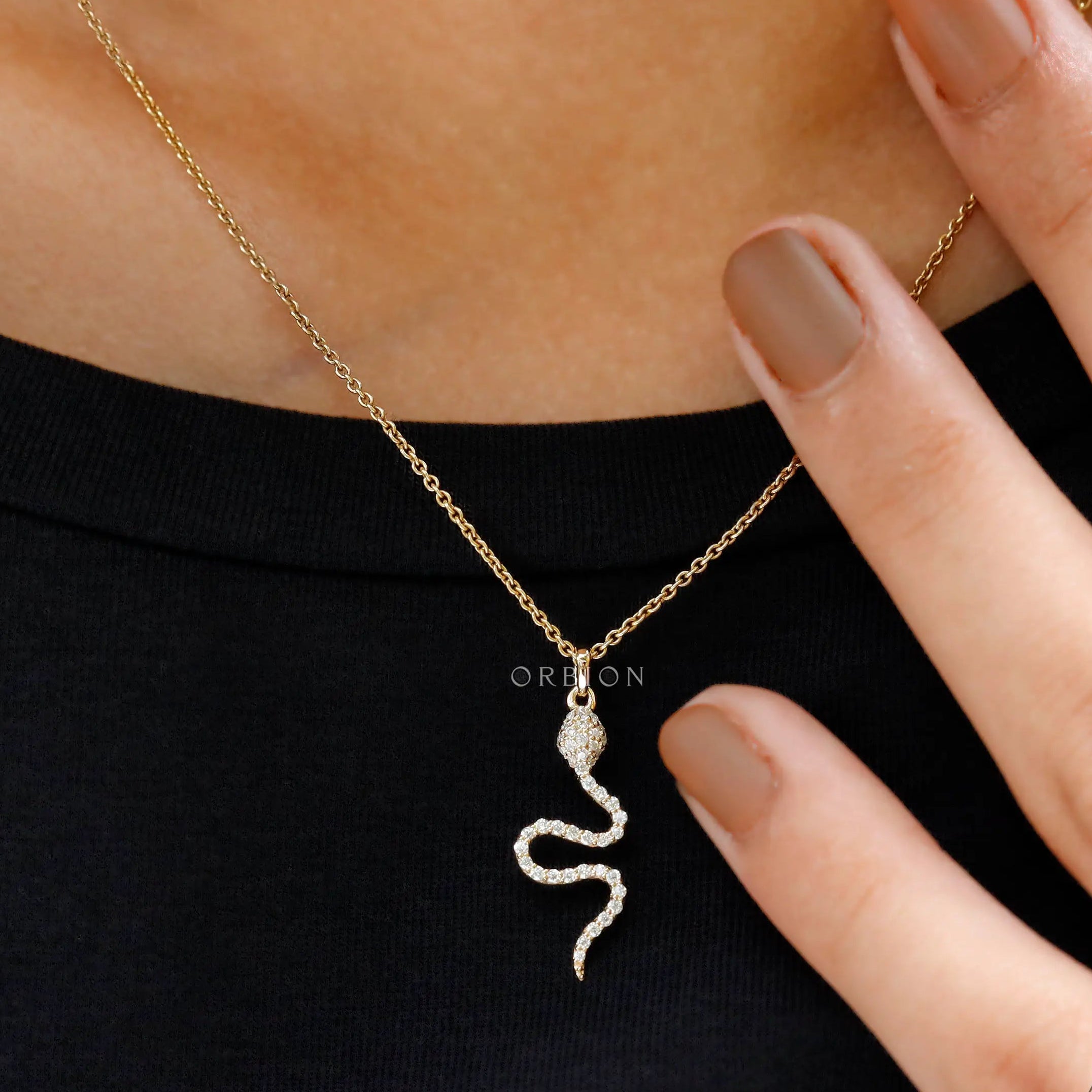 18k yellow gold snake pendant with pave round lab diamonds