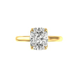 Front view of tulip-set elongated cushion moissanite cathedral solitaire ring.