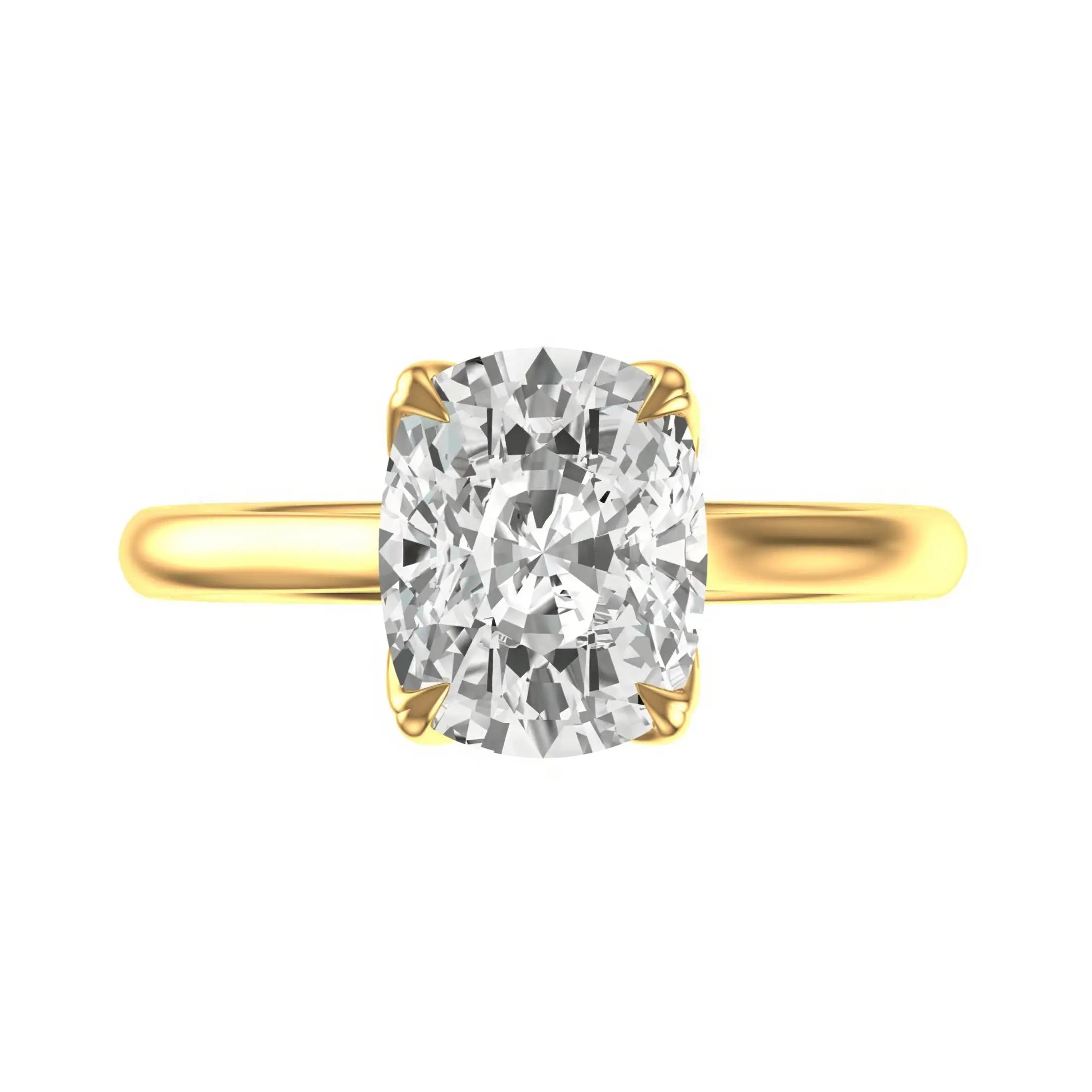 Front view of tulip-set elongated cushion moissanite cathedral solitaire ring.