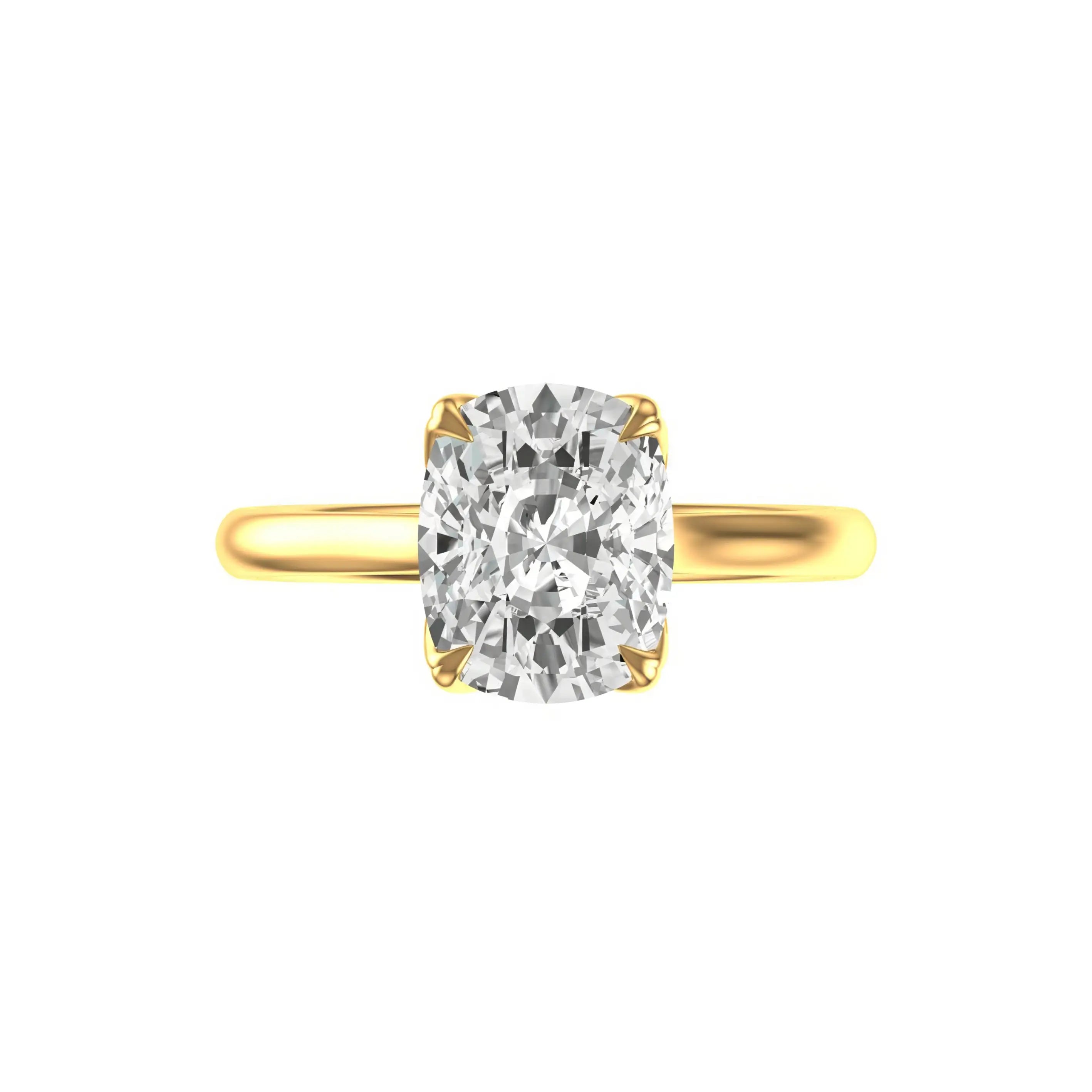 Front view of tulip-set elongated cushion moissanite cathedral solitaire ring.