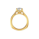 Elongated cushion moissanite solitaire in yellow gold, top view.