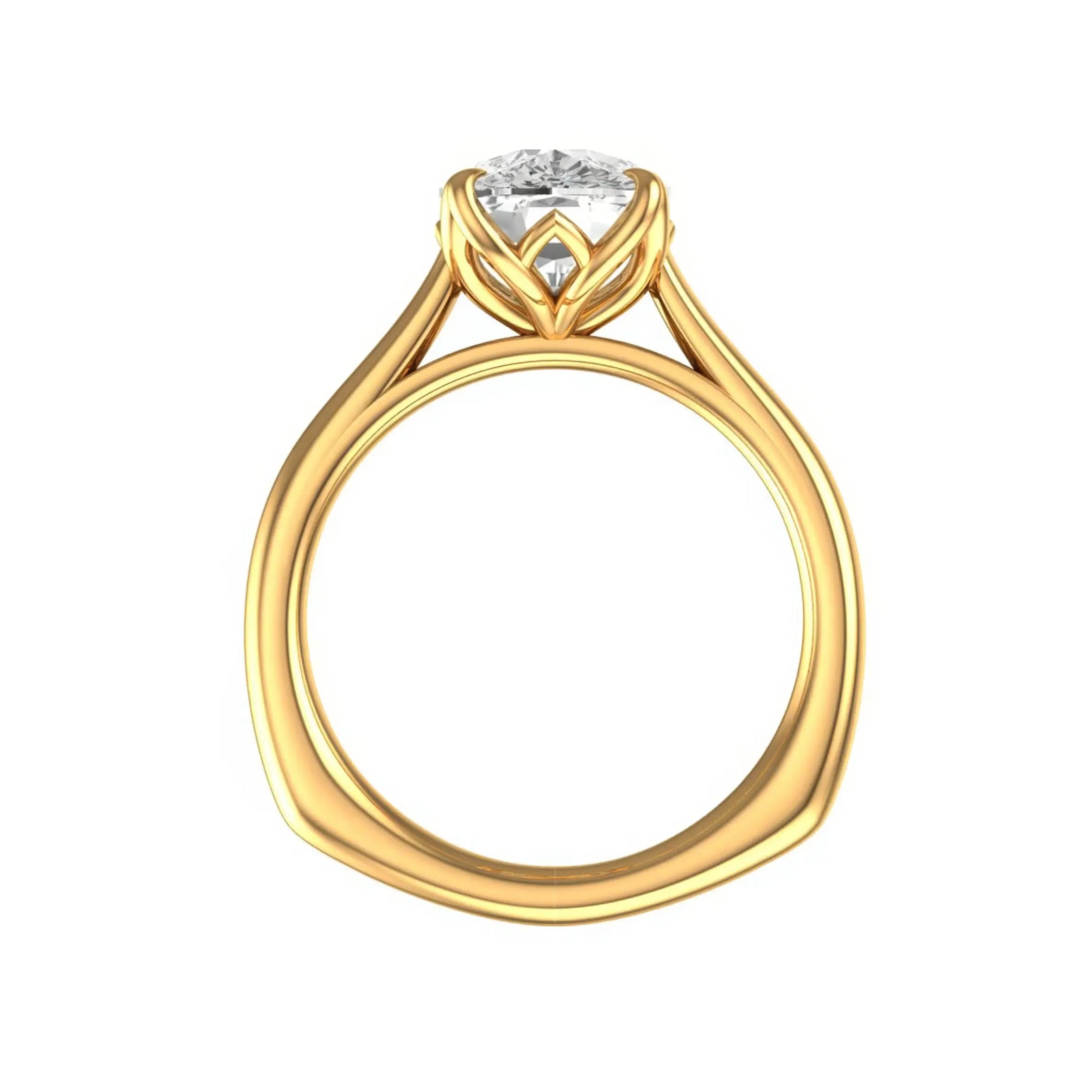 Elongated cushion moissanite solitaire in yellow gold, top view.