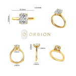 Dimension sheet showing elongated cushion solitaire measurements, band width, and height.